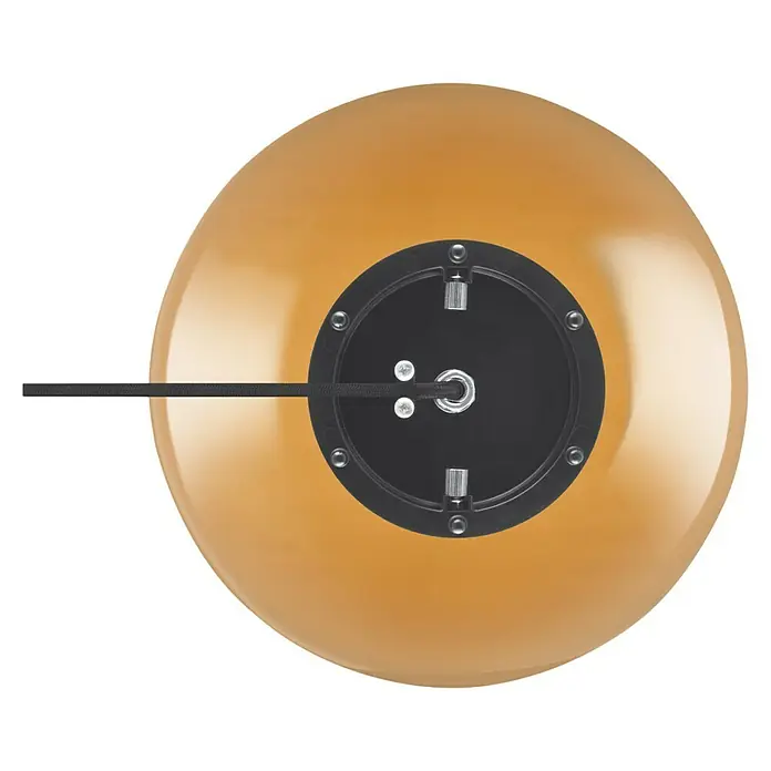 Ledvance Deko-Tischleuchte BUBBLE - L x B x H: 25 x 25 x 245 cm, Orange, E27 - Nahaufnahme einer goldenen Pendelleuchte mit schwarzem Baldachin und Kabel. Die Lampe ist gut verarbeitet und hat eine glatte Oberfläche.