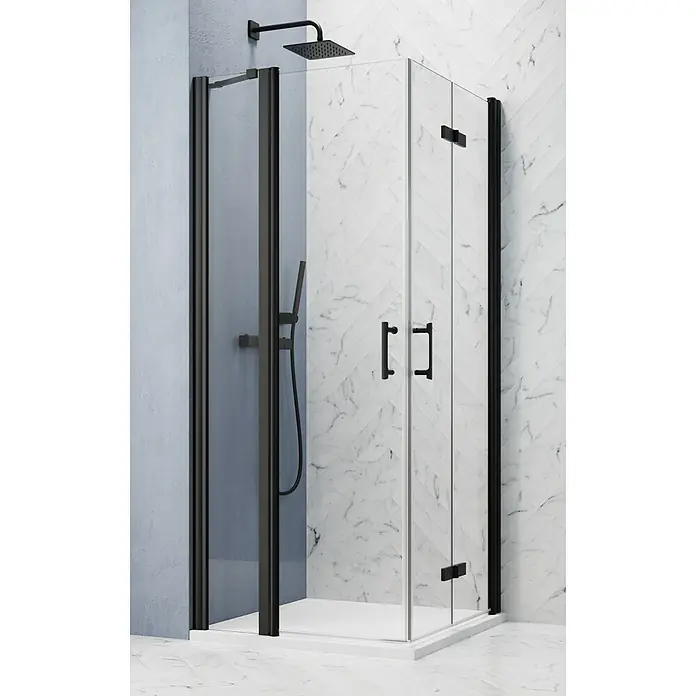 GEO Hit Pro Eckdusche B-PE240L x B x H: 80 x 100 x 202,2 cm, Beschichtet, Stärke: 6 mm, Schwarz - Elegante Duschkabine mit schwarzen Rahmen und Beschlägen. Das klare Glas und das moderne Design passen perfekt in jedes Badezimmer.