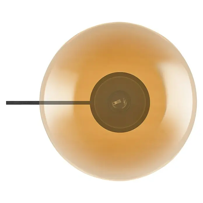 Ledvance Deko-Tischleuchte BUBBLE - L x B x H: 25 x 25 x 245 cm, Orange, E27 - Nahaufnahme einer amberfarbenen Glühbirne mit schwarzem Kabel, die ein warmes Licht ausstrahlt.