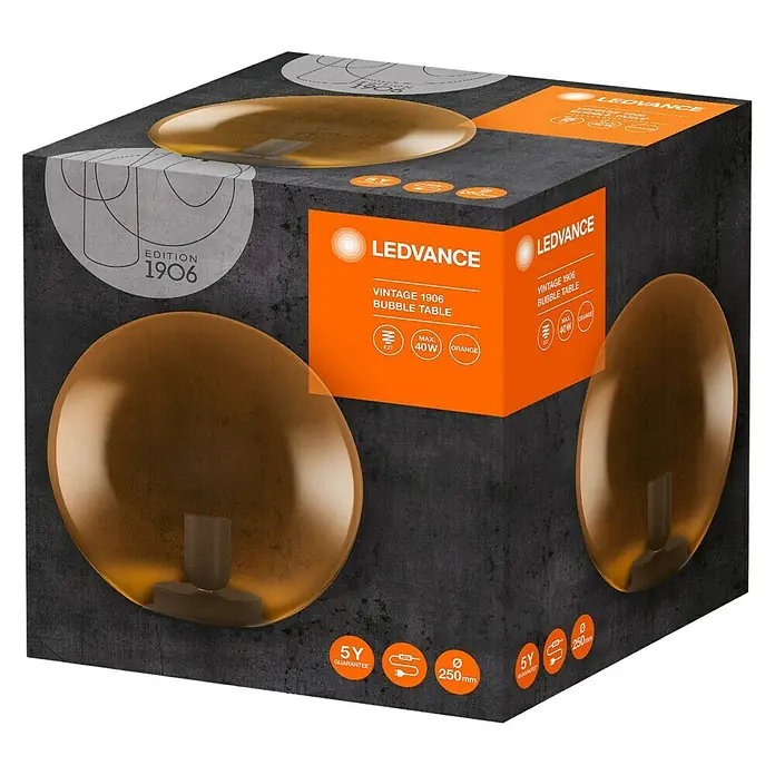 Ledvance Deko-Tischleuchte BUBBLE - L x B x H: 25 x 25 x 245 cm, Orange, E27 - Abbildung einer LEDVANCE Vintage 1906 Bubble Tischleuchte in Orange, verpackt in einem Karton mit Produktinformationen.