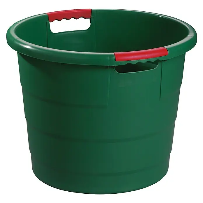 Garantia Tragebehälter - 45 l - Grüner Kunststoffeimer mit roten Griffen, ideal für Gartenarbeit oder den Haushalt. Robust und vielseitig einsetzbar.