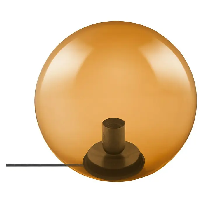 Ledvance Deko-Tischleuchte BUBBLE - L x B x H: 25 x 25 x 245 cm, Orange, E27 - Nahaufnahme einer goldenen Kugel-Tischlampe mit einem dunklen Lampensockel und einem Kabel auf schwarzem Hintergrund.