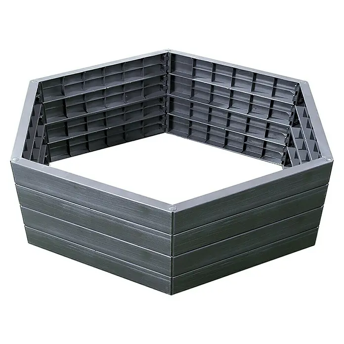 Garantia Huerto Ergo XL Wood - Ø x Al: 145 x 25 cm, Plástico, Gris - Imagen de un arriate elevado hexagonal hecho de plástico gris. Óptimo para jardinería y cultivo de hortalizas en su propio jardín.