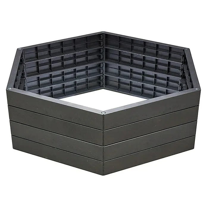 Garantia Huerto Ergo XL Stone - Ø x Al: 145 x 25 cm, Plástico, Gris - Un jardín elevado hexagonal hecho de plástico negro, perfecto para jardinería y cultivo de plantas al aire libre.