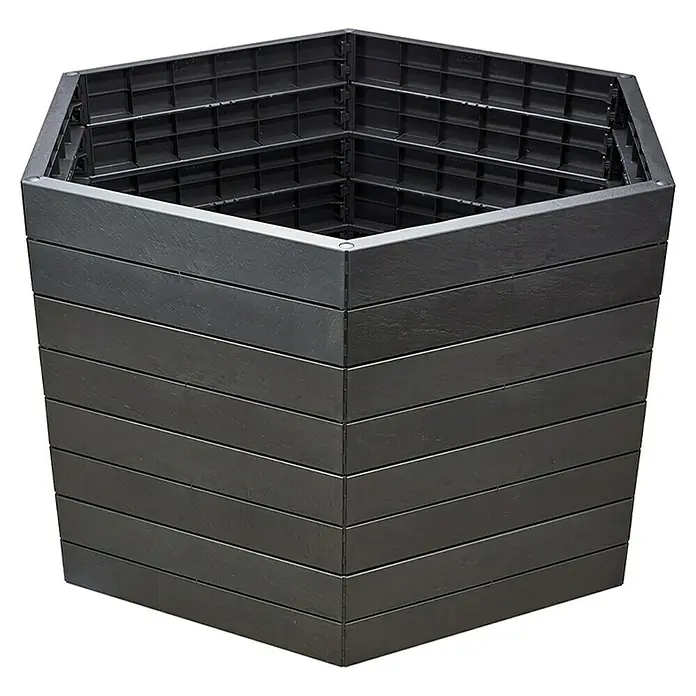 Garantia Huerto Ergo XL Stone - Ø x Al: 145 x 25 cm, Plástico, Gris - Un jardín elevado hexagonal hecho de plástico oscuro con una textura de lamas, perfecto para un jardín o patio.