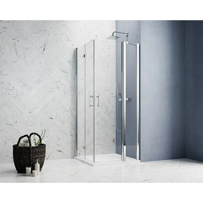 GEO Hit Pro Eckdusche B-PE420L x B x H: 90 x 90 x 202,2 cm, Beschichtet, Stärke: 6 mm, Chrom - Duschkabine mit klaren Glaswänden und Chrombeschlägen in einem stilvollen Badezimmer. Blickfang ist die moderne Duscharmatur mit Kopfbrause.