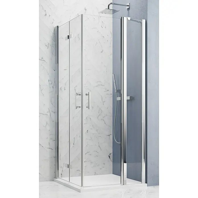 GEO Hit Pro Eckdusche B-PE420L x B x H: 90 x 90 x 202,2 cm, Beschichtet, Stärke: 6 mm, Chrom - Duschkabine mit Chromrahmen und klaren Glaswänden, die ein modernes und stilvolles Badezimmerdesign bietet. Inklusive Kopf- und Handbrause.