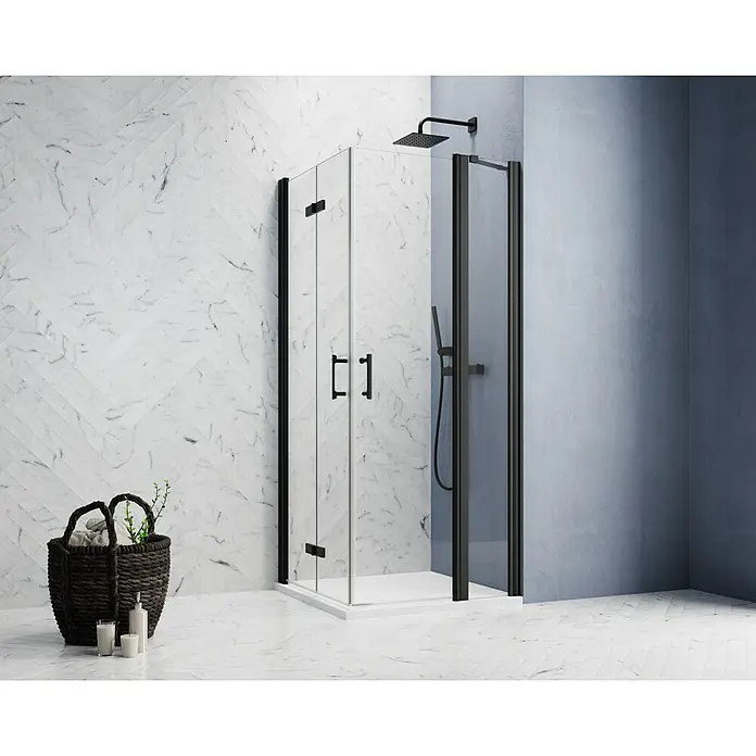 GEO Hit Pro Eckdusche B-PE420L x B x H: 100 x 90 x 202,2 cm, Beschichtet, Stärke: 6 mm, Schwarz - Elegante Duschkabine mit schwarzem Rahmen und klarem Glas, die ein modernes Badezimmerambiente schafft. Perfekt für stilvolle und funktionale Badezimmer.