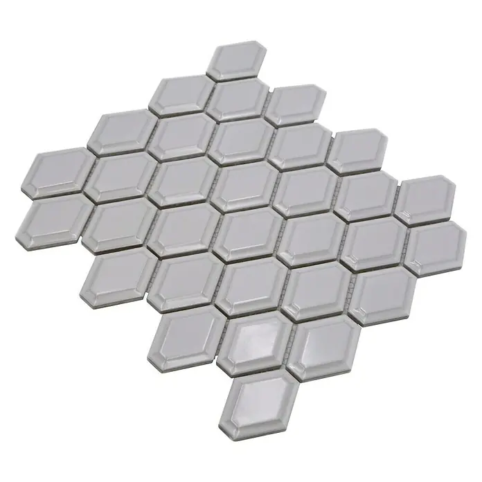 Mosaikfliese Diamant CG MD 1WG - 25,2 x 26,5 cm, Weiß, Glänzend - Nahaufnahme eines Musters aus sechseckigen, grauen Fliesen.