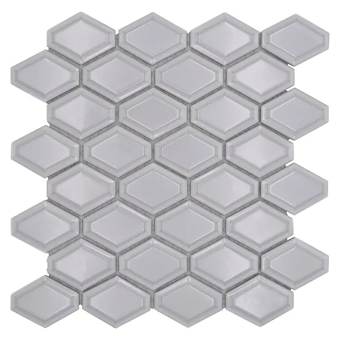 Mosaikfliese Diamant CG MD 1WG - 25,2 x 26,5 cm, Weiß, Glänzend - Nahaufnahme eines Musters von grauen, sechseckigen Fliesen mit Diamantenform in der Mitte, die ein elegantes, modernes Design zeigen.