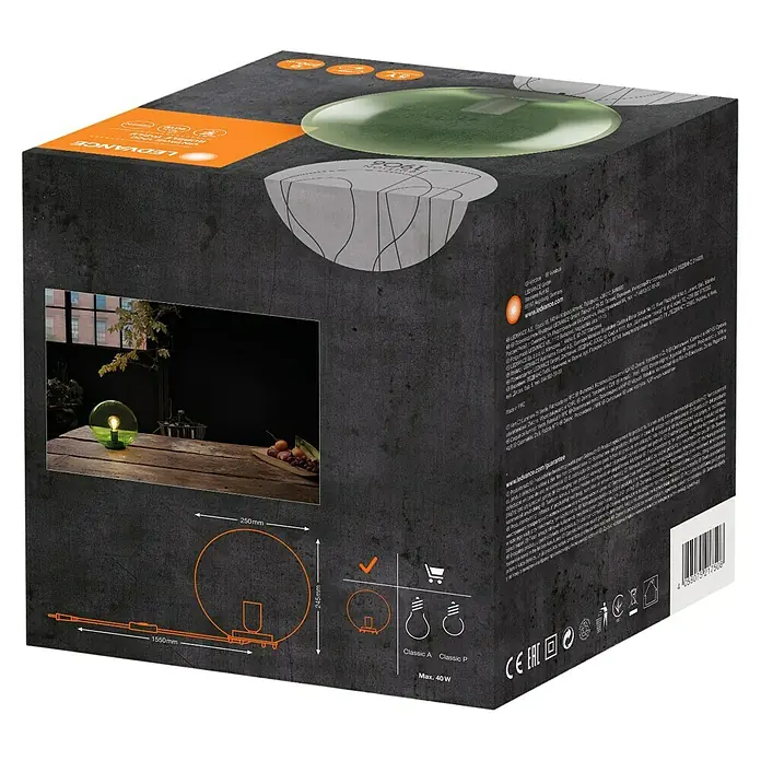 Ledvance Deko-Tischleuchte BUBBLE - L x B x H: 25 x 25 x 245 cm, Grün, E27 - Produktverpackung der LED-Tischleuchte mit Abmessungen und technischen Daten. Die Lampe ist für klassische A/P-Leuchtmittel bis 40W geeignet.