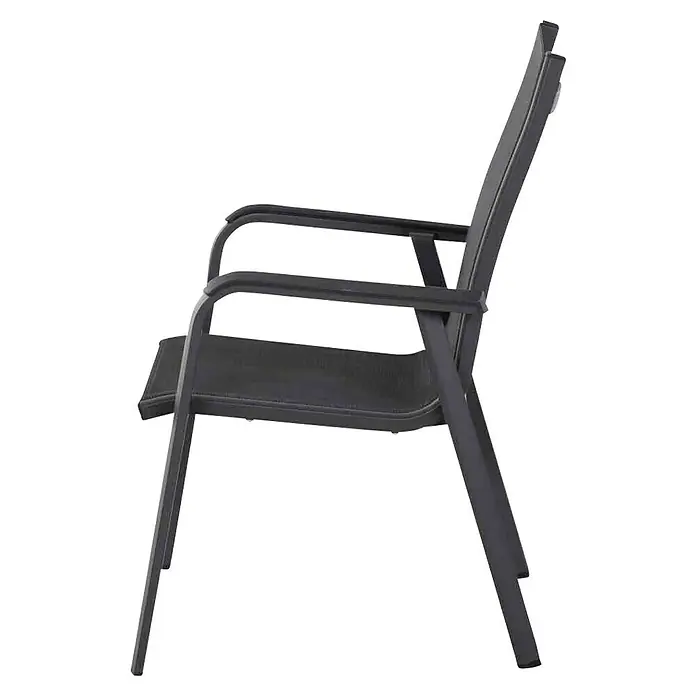 Siena Garden Tesoro Gartensessel - Ranotex®-Geflecht, Stapelbar, Anthrazit, Hochlehner, B x T x H: 62,5 x 68 x 98 cm - Seitenansicht eines modernen, grauen Gartenstuhls mit Armlehnen und einem leicht geneigten Rückenteil, ideal für den Außenbereich.