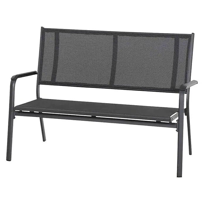 Siena Garden Tesoro GartenbankB x T x H: 138,5 x 67 x 97 cm, Anthrazit - Abbildung einer stilvollen, schwarzen Gartenbank mit Netzrückenlehne und Armlehnen, ideal für den Außenbereich.