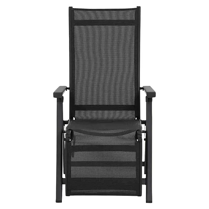 Siena Garden Tesoro Garten-Liegestuhl - Ranotex®-Geflecht, Rückenlehne verstellbar, Anthrazit, B x T x H: 59,5 x 72 x 111 cm - Hier ist ein detailreiches Foto eines schwarzen Gartenstuhls mit Armlehnen und Netzbezug, ideal für den Außenbereich.
