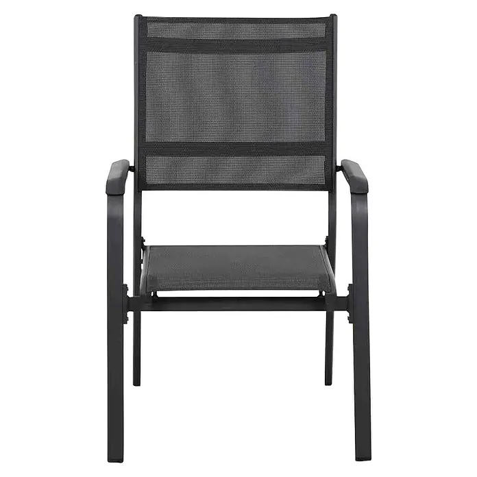 Siena Garden Tesoro Gartensessel - Ranotex®-Geflecht, Stapelbar, Anthrazit, Niederlehner, B x T x H: 62,5 x 67 x 97 cm - Hier sehen wir einen modernen, schwarzen Stuhl mit Armlehnen und einem Netzmuster auf Sitzfläche und Rückenlehne.
