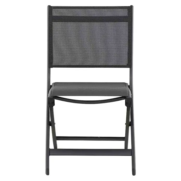 Siena Garden Tesoro Gartenstuhl - Ranotex®-Geflecht, Klappbar, Anthrazit, B x T x H: 50,5 x 58 x 88 cm - Ansicht eines modernen schwarzen Klappstuhls mit einem atmungsaktiven Netzgewebe an Rückenlehne und Sitzfläche für Komfort und stilvolles Design.