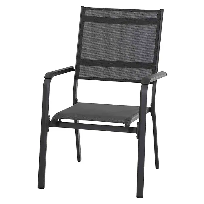 Siena Garden Tesoro Gartensessel - Ranotex®-Geflecht, Stapelbar, Anthrazit, Niederlehner, B x T x H: 62,5 x 67 x 97 cm - Schwarzer Loungesessel aus Metall mit Armlehnen und einem Netzmuster für den Sitzbereich und Rückenlehne.