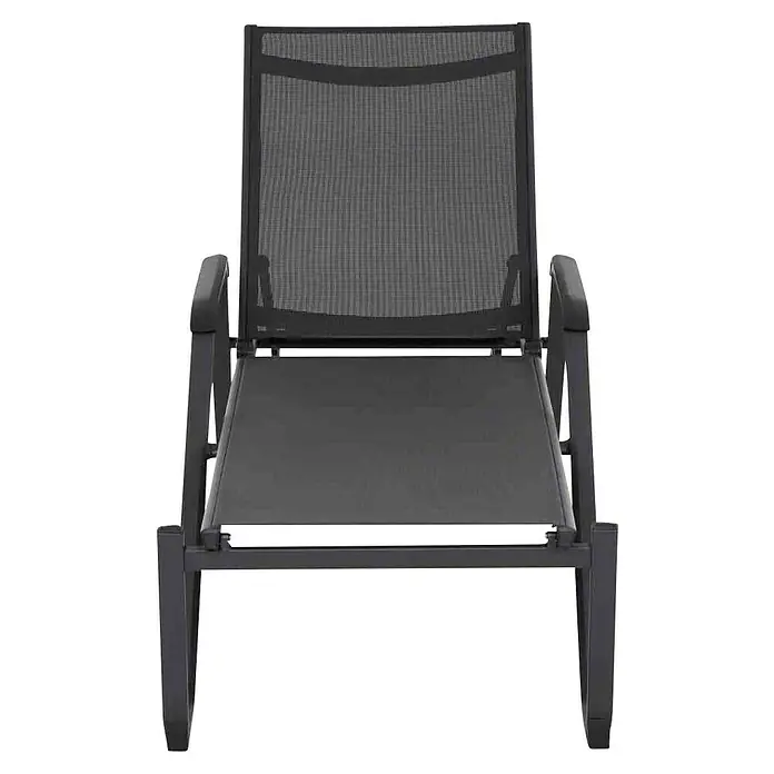 Siena Garden Tesoro SonnenliegeL x B x H: 195 x 69,5 x 108 cm, Anthrazit - Eine Nahaufnahme eines stilvollen schwarzen Liegestuhls mit Netzrücken und Armlehnen, perfekt für den Außenbereich.