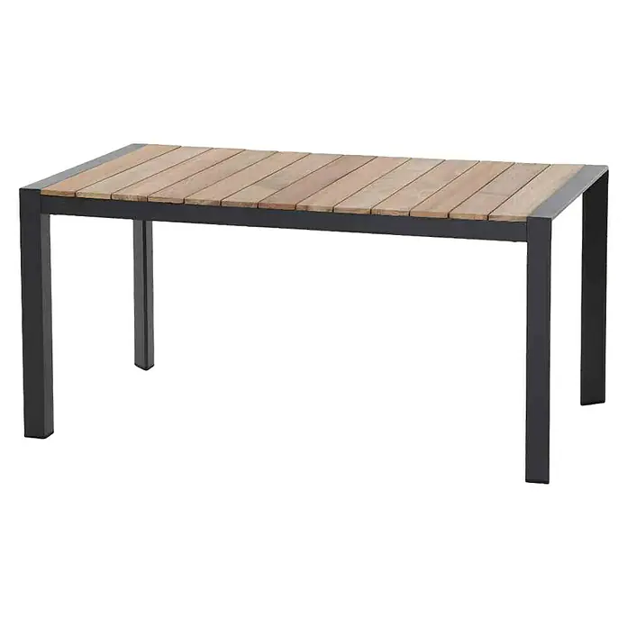Siena Garden Gartentisch LondraL x B x H: 140 x 80 x 67 cm, Teak, Aluminium, Braun/Anthrazit - Ein rechteckiger Esstisch mit Holzlattenplatte und einem Gestell aus dunklem Metall, ideal für den Außenbereich.
