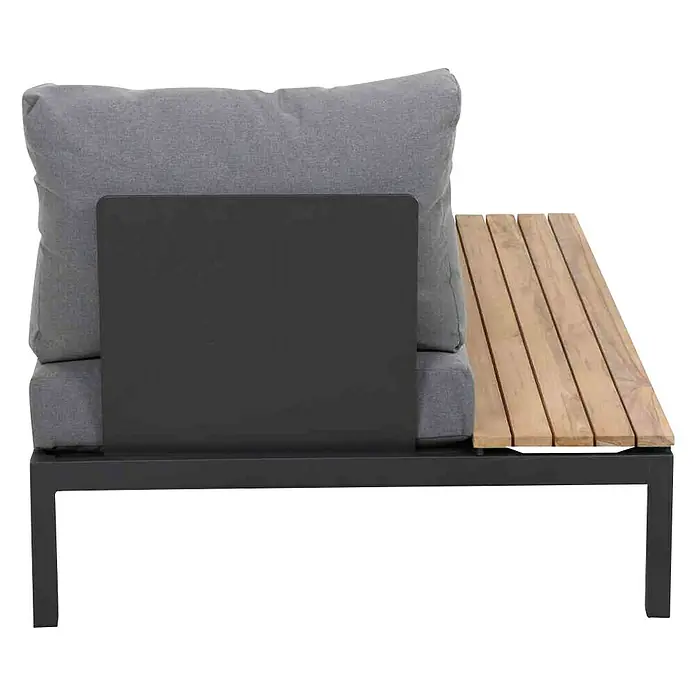 Siena Garden Loungesofa Alvida - L x B x H: 177,5 x 102 x 84 cm, Anthrazit/Natur, Tisch Rechts - Nahaufnahme eines modularen Outdoor-Möbels mit grauem Kissen, Rückenlehne und einer Holzablagefläche auf einem schwarzen Rahmen.