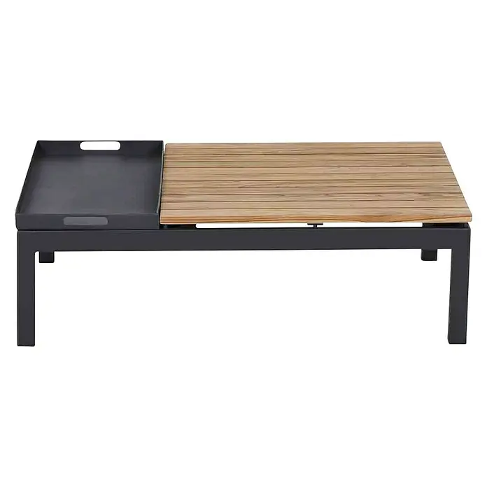 Siena Garden Loungetisch Alvida - L x B x H: 102 x 70 x 31,5 cm, Anthrazit/Naturbraun - Ein rechteckiger Couchtisch mit einer Holzplattenhälfte und einer grauen Tablett-Hälfte, der einen modernen Akzent setzt.