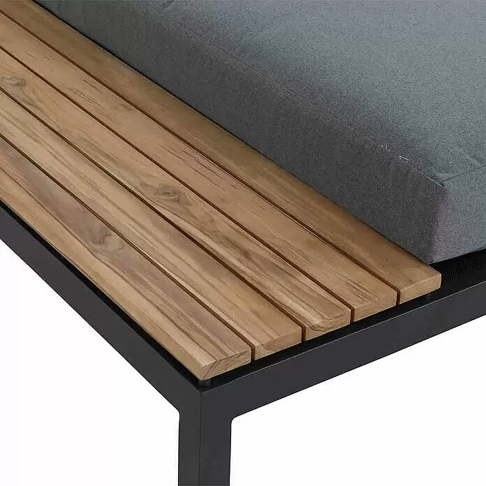 Siena Garden Loungesofa Alvida - L x B x H: 177,5 x 102 x 84 cm, Anthrazit/Natur, Tisch Rechts - Ecke eines Outdoor-Sofas mit grauem Kissen, Tischplatte aus Holzlatten und schwarzem Gestell.