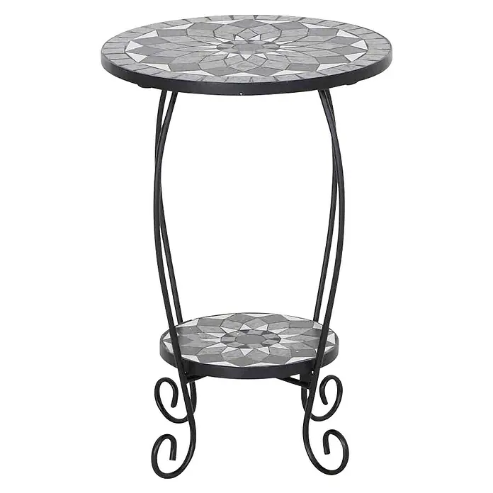 Siena Garden Blumenständer ComoØ x H: 40 x 60 cm - Ein dekorativer, runder Beistelltisch mit Mosaikmuster auf den Tischplatten und einem schwarzen, geschwungenen Metallgestell.