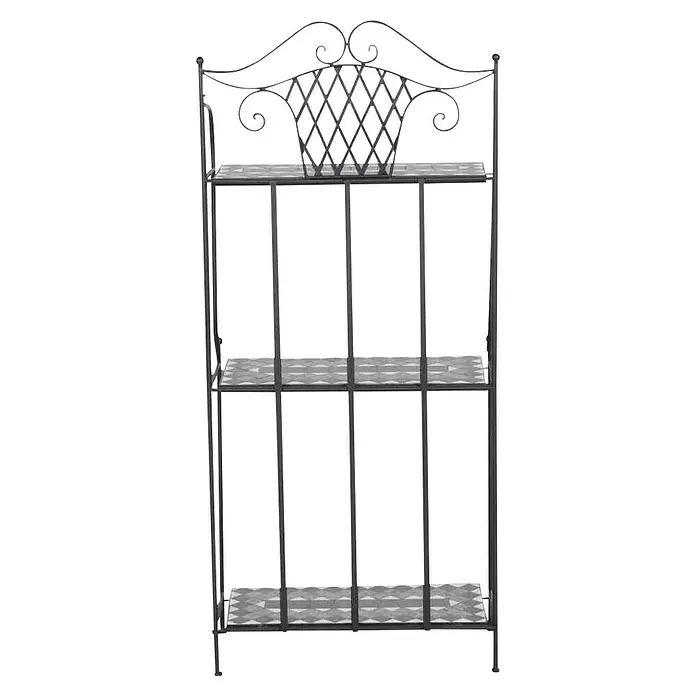 Siena Garden Regal Como - L x B x H: 63 x 29 x 142 cm, Dunkelgrau - Dieses Bild zeigt ein dreistöckiges Regal aus Metall mit dekorativen Verzierungen, ideal zur Aufbewahrung und Präsentation verschiedener Gegenstände.