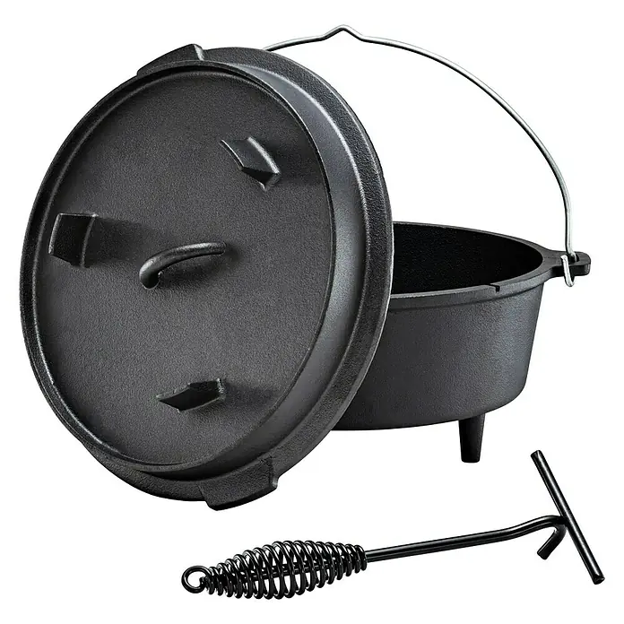 Dutch Oven - Ø x H: 36 x 17,5 cm - Ein gusseiserner Dutch Oven mit Deckel und Topfheber, ideal zum Kochen im Freien.
