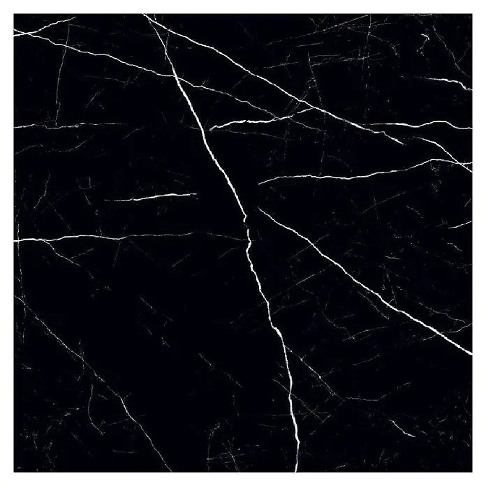 Feinsteinzeugfliese Black Marble - 120 x 120 cm, Schwarz, Glänzend - Ein elegantes, quadratisches Bild von schwarzem Marmor mit auffälligen weißen Adern, ideal für moderne Designs und hochwertige Anwendungen.