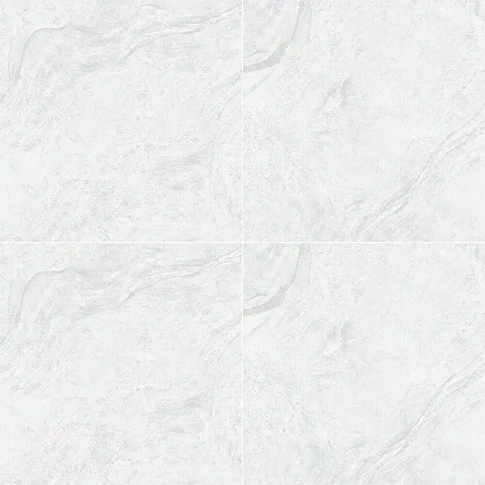 Feinsteinzeugfliese Geo White60 x 60 cm, Weiß, Schimmernd - Bild von vier weißen Marmorfliesen mit subtilen Texturen, die zusammen ein großes Quadrat bilden.