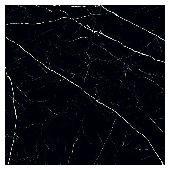 Feinsteinzeugfliese Black Marble - 120 x 120 cm, Schwarz, Glänzend - Elegantes schwarzes Marmorprodukt mit weißen Adern, das eine luxuriöse und moderne Ästhetik für jeden Raum bietet.