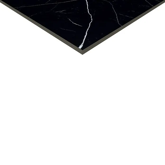 Feinsteinzeugfliese Black Marble - 120 x 120 cm, Schwarz, Glänzend - Schwarzer Marmor mit auffälliger weißer Maserung und grauem Rand, der Eleganz und Stil für moderne Designs verspricht.