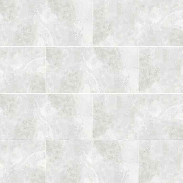 Feinsteinzeugfliese Geo White - 60 x 120 cm, Weiß, Schimmernd - Nahaufnahme der grauen, rechteckigen Wandfliesen mit Marmorstruktur, ideal für moderne Badezimmer und Küchen.