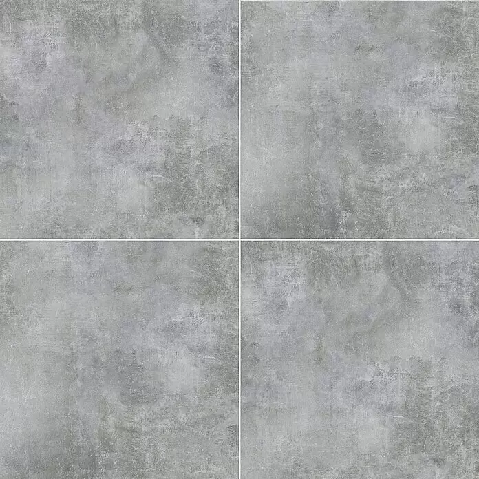 Feinsteinzeugfliese Luna Gris - 60 x 60 cm, Grau, Schimmernd - Vier graue Fliesen in Betonoptik mit verwitterter, strukturierter Oberfläche.
