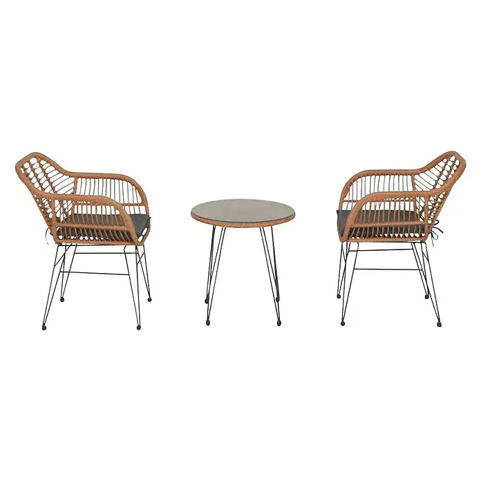 Siena Garden Balkonmöbel-Set Tiros - 3 -tlg., Schwarz/Braun, Stahl, Gardino®-Geflecht - Stilvolles Gartenmöbelset mit zwei Rattansesseln und rundem Tisch, perfekt für entspannte Stunden im Freien. Das Set ist modern und einladend.