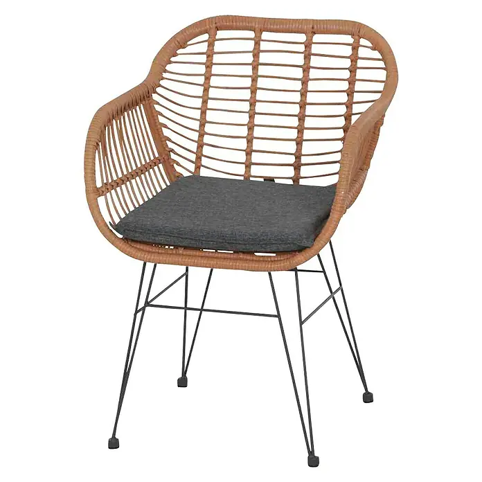 Siena Garden Balkonmöbel-Set Tiros - 3 -tlg., Schwarz/Braun, Stahl, Gardino®-Geflecht - Dieser Rattan-Sessel mit grauem Kissen und schwarzen Metallbeinen ist eine stilvolle und bequeme Sitzgelegenheit für jeden Raum.