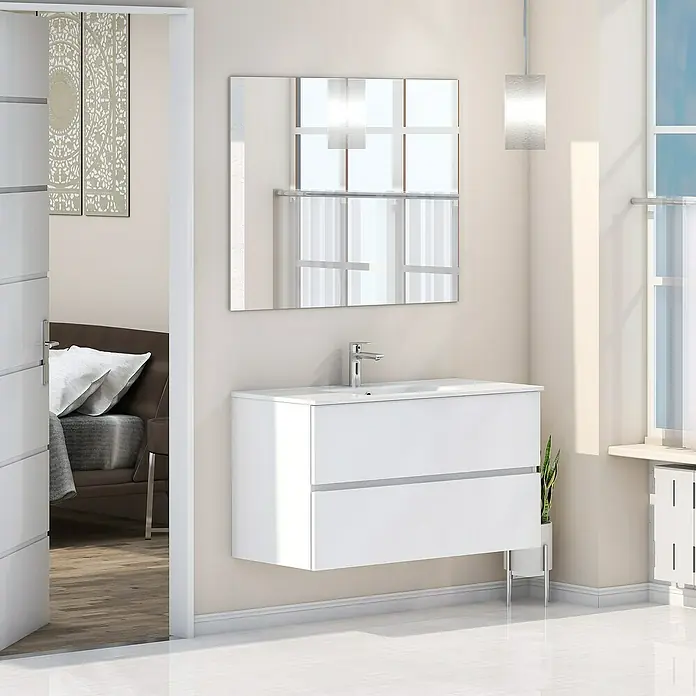 Artysan Mueble bajo de lavabo Denver - L x An x Al: 46 x 100 x 54,5 cm, Blanco - Imagen de un baño con un tocador blanco con dos cajones y un espejo rectangular encima.