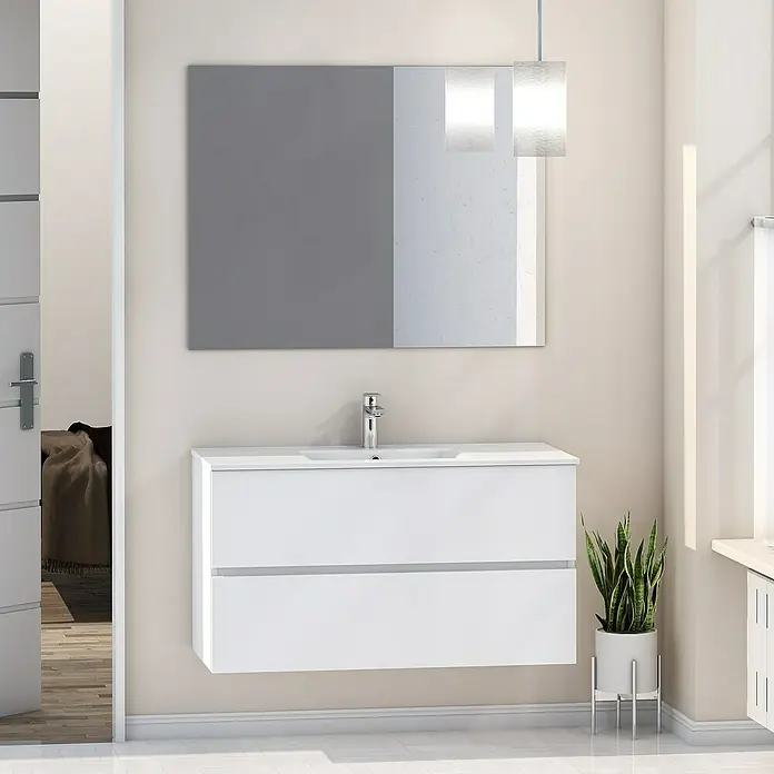 Artysan Mueble bajo de lavabo Denver - L x An x Al: 46 x 100 x 54,5 cm, Blanco - Interior de baño moderno con un lavabo blanco flotante con cajones y un espejo elegante.