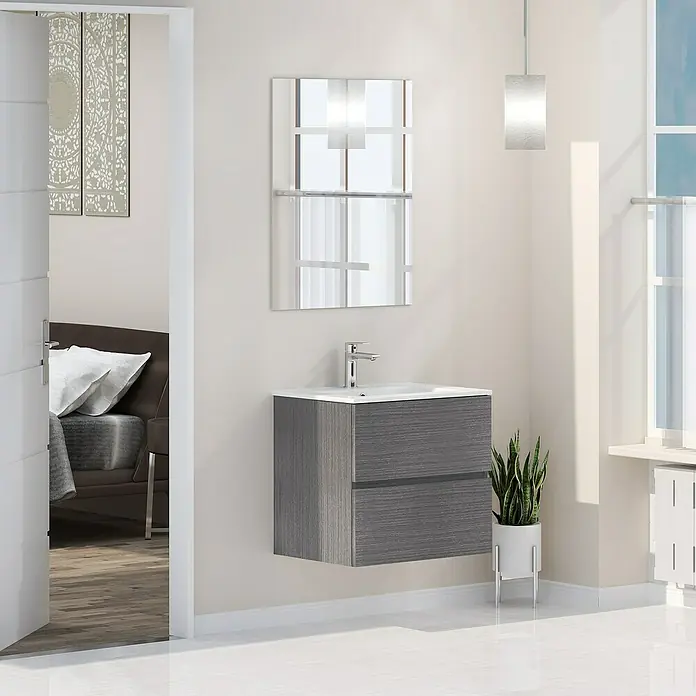 Artysan Mueble bajo de lavabo Denver - L x An x Al: 46 x 60 x 54,5 cm, Ceniza - Un moderno conjunto de tocador de baño con un gabinete de madera gris, un lavabo blanco y un espejo rectangular.