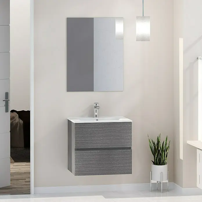 Artysan Mueble bajo de lavabo Denver - L x An x Al: 46 x 60 x 54,5 cm, Ceniza - Baño moderno con mueble de lavabo gris, espejo y lámpara colgante. Una planta de interior añade un toque fresco.