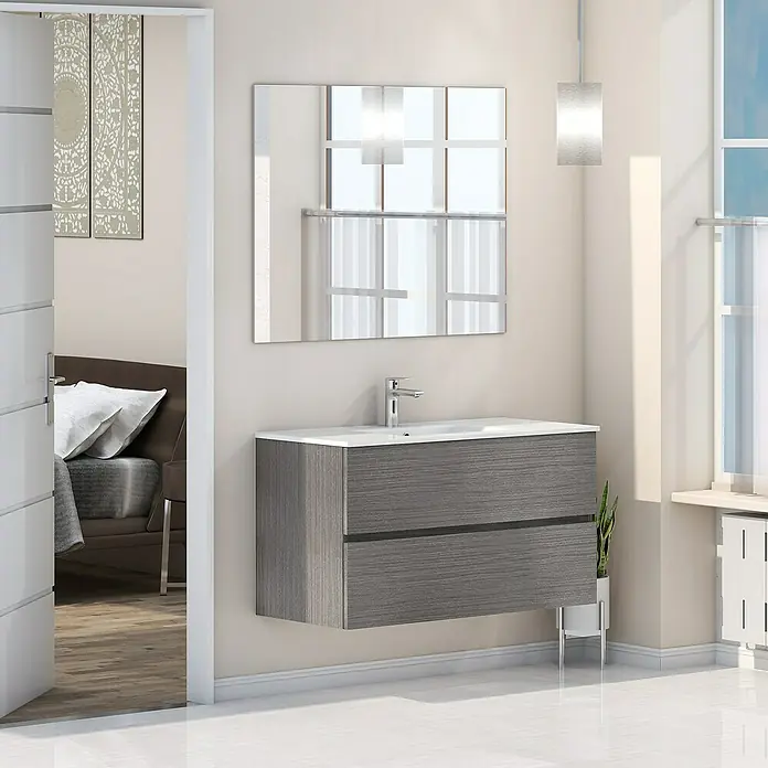 Artysan Mueble bajo de lavabo Denver - L x An x Al: 46 x 100 x 54,5 cm, Ceniza - Mueble de baño con acabado en madera gris, junto con espejo moderno e iluminación minimalista.