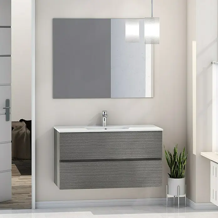 Artysan Mueble bajo de lavabo Denver - L x An x Al: 46 x 100 x 54,5 cm, Ceniza - El moderno tocador de baño con textura de madera gris y espejo a juego crea un ambiente elegante.