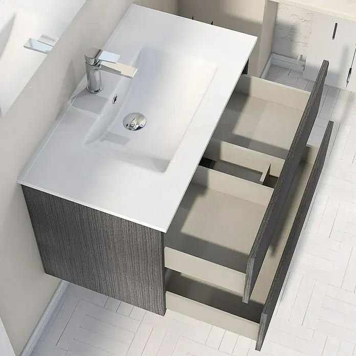 Artysan Mueble bajo de lavabo Denver - L x An x Al: 46 x 80 x 54,5 cm, Ceniza - Tocador de baño con textura de madera gris y cajones blancos para almacenamiento extra.