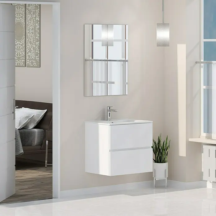 Artysan Mueble bajo de lavabo Denver - L x An x Al: 46 x 60 x 54,5 cm, Blanco - Elegante lavabo de baño con espejo. Diseño moderno con cajones blancos y estilo minimalista que encaja perfectamente en cualquier baño.