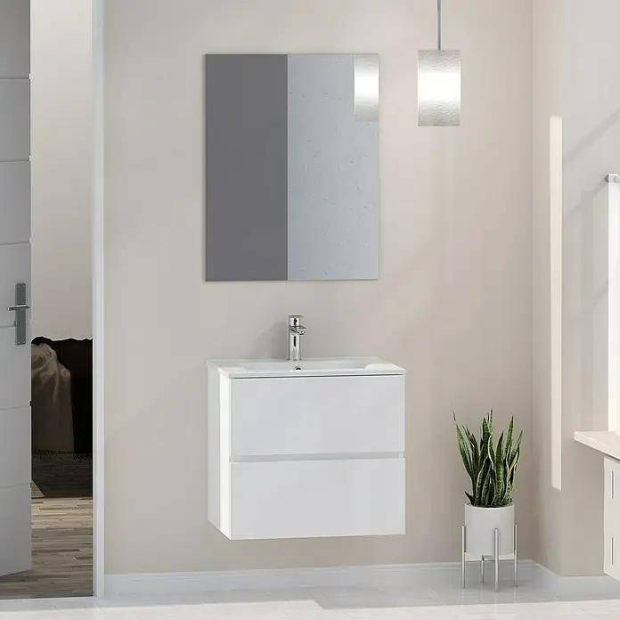 Artysan Mueble bajo de lavabo Denver - L x An x Al: 46 x 60 x 54,5 cm, Blanco - Un baño elegante con un tocador blanco moderno con cajones, un espejo y una lámpara colgante decorativa.