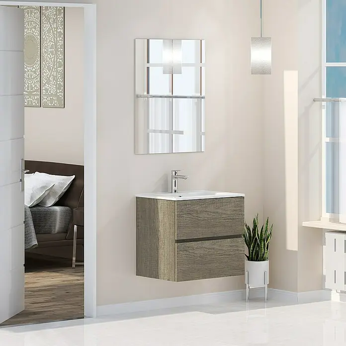 Artysan Mueble bajo de lavabo Inca - L x An x Al: 46 x 60 x 54,5 cm, Nebraska - Un baño elegante con un tocador de madera flotante, un espejo moderno y una elegante lámpara colgante para un ambiente sereno.