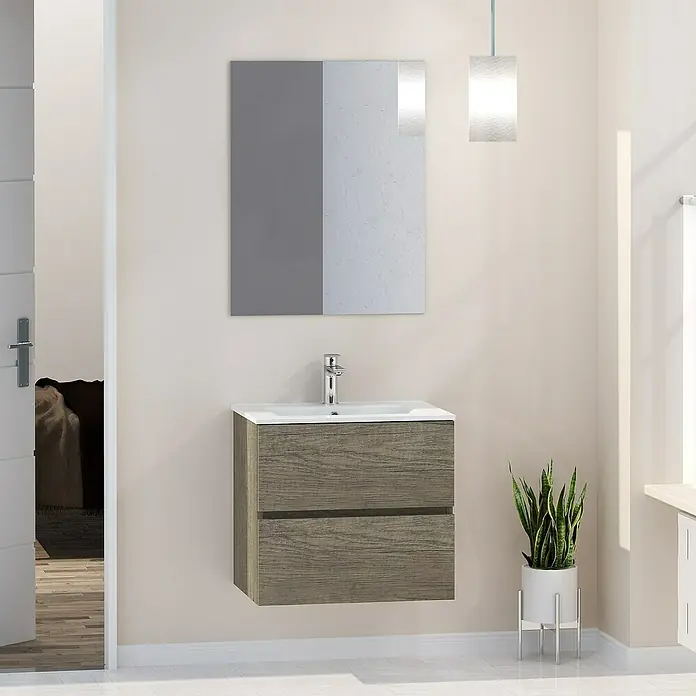 Artysan Mueble bajo de lavabo Inca - L x An x Al: 46 x 60 x 54,5 cm, Nebraska - Imagen de un tocador moderno con mueble de textura de madera, lavabo blanco y espejo rectangular en un baño luminoso.