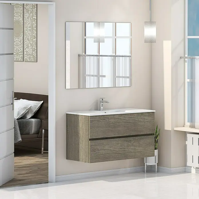 Artysan Mueble bajo de lavabo Inca - L x An x Al: 46 x 100 x 54,5 cm, Nebraska - La imagen muestra un moderno mueble de baño con textura de madera y elementos blancos en un baño con espejo y azulejos brillantes.