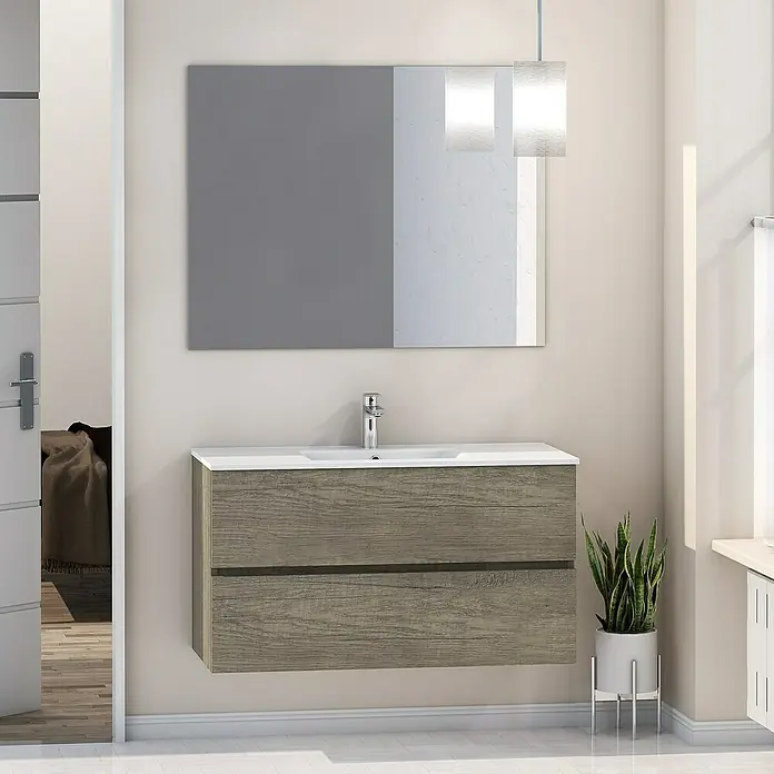 Artysan Mueble bajo de lavabo Inca - L x An x Al: 46 x 100 x 54,5 cm, Nebraska - Mueble de baño moderno con textura de madera y espejo grande, ideal para baños elegantes.